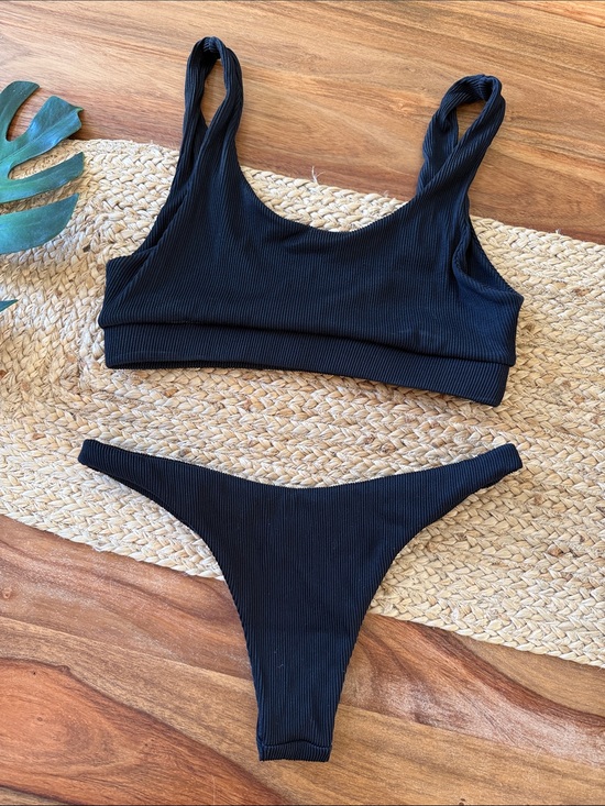 Kulani Kinis Other - Kulani Kinis Black Ribbed Bikini Set Super Cheeky Thong Two Piece Swimwear